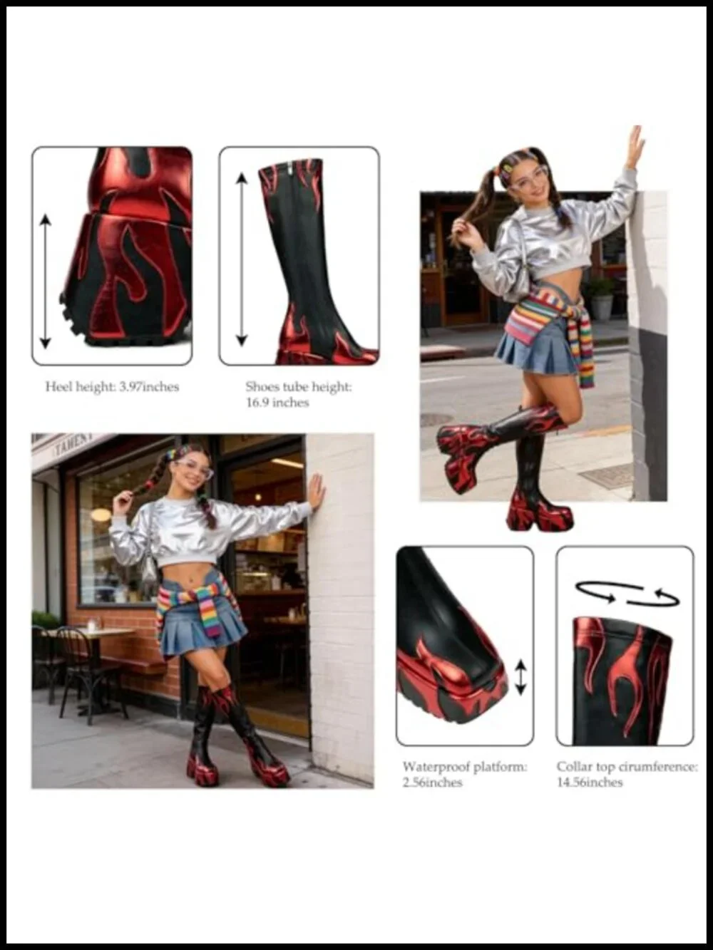 Flame Print Chunky Platform Wedge Ankle Boots with Side Zipper
